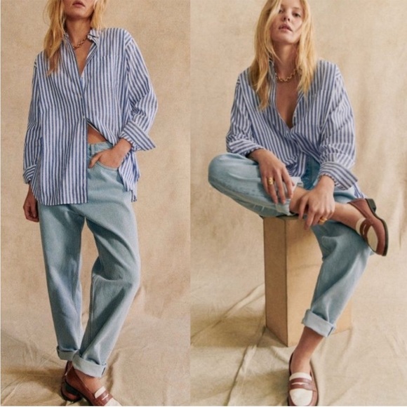 SEZANE Classic Oversized Blue & White Striped Linen Cotton Button Down Max Shirt - Picture 9 of 17
